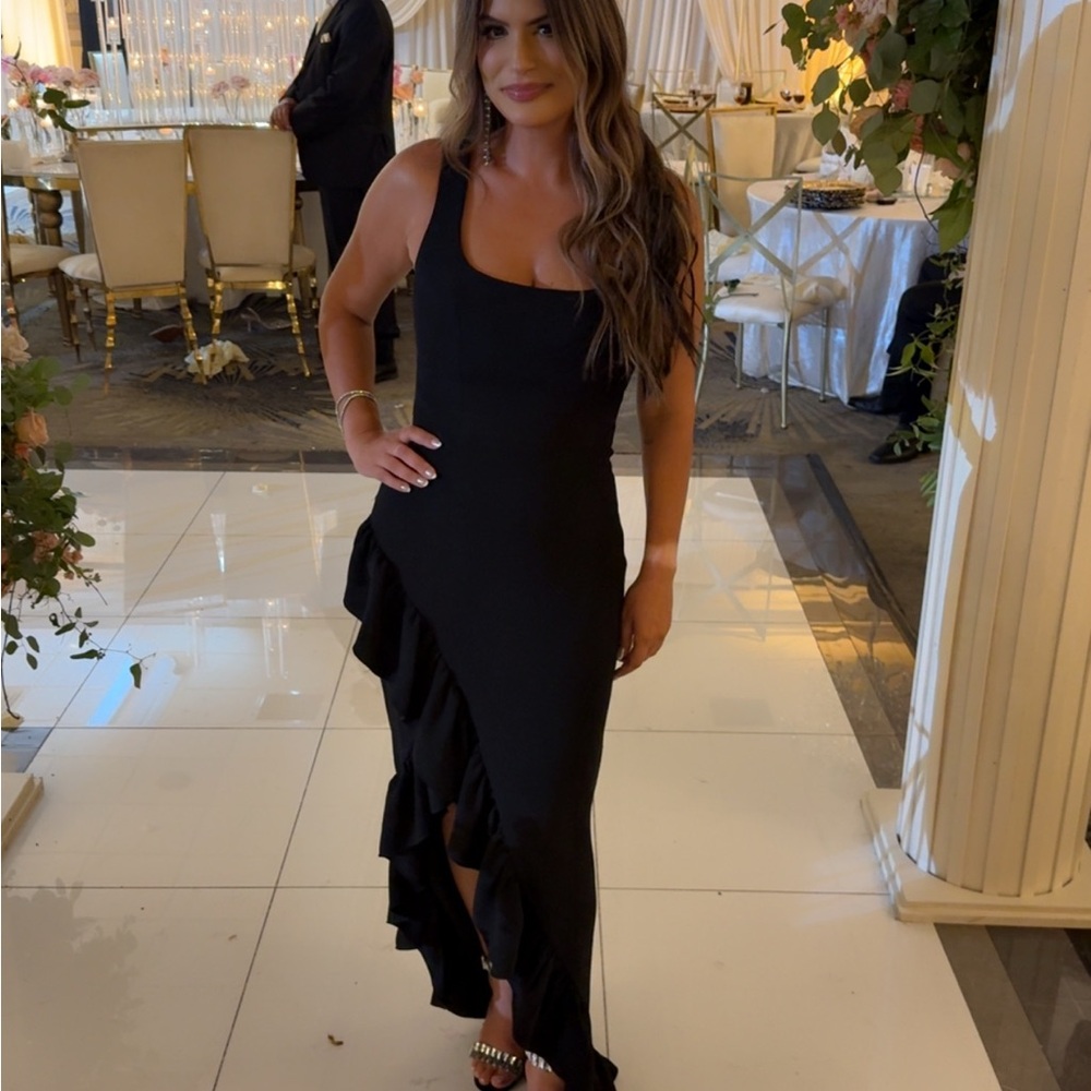 Dress the Population Black Asymmetrical Ruffled Sheath Dress